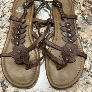 Madeline Stuart Brown faux leather floral sandals with adjustable straps
